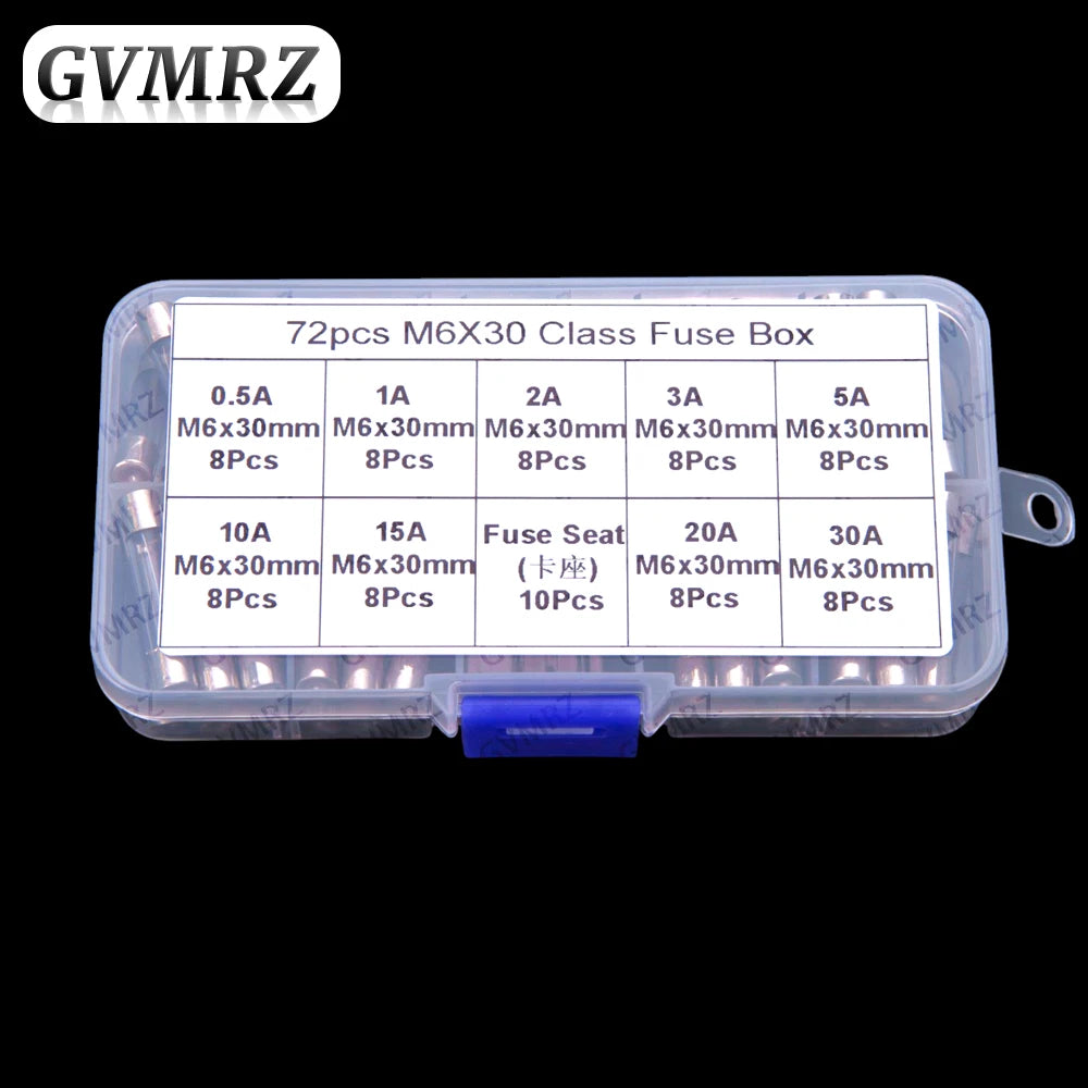 72pcs 6 30MM 0.5A-30A Glass Fuse Tubes 250V Box 0.5A 1A 2A 3