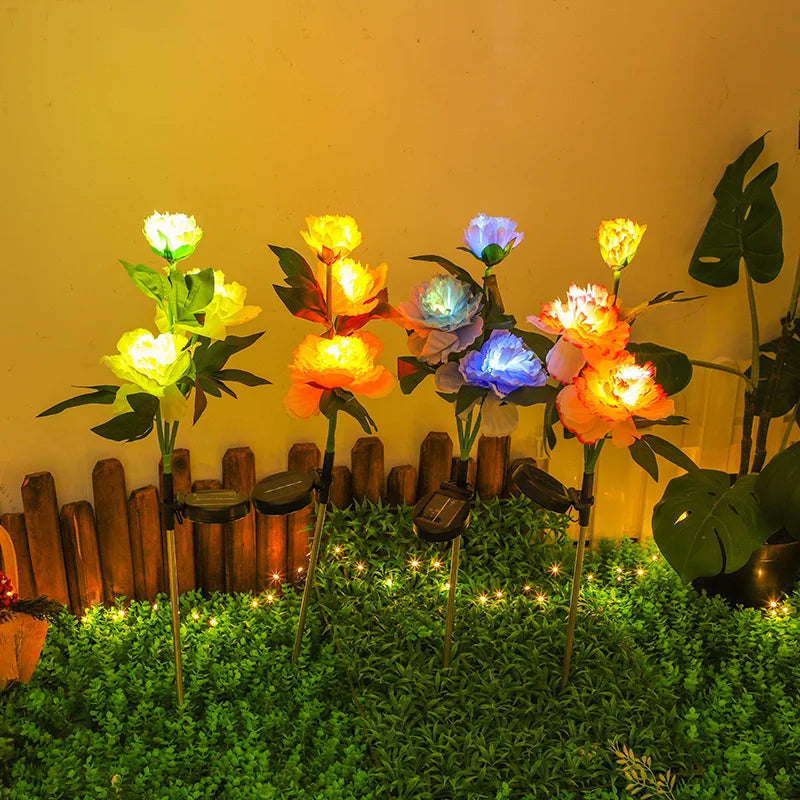Solar Garden Lights 3 Head Peony Flowers Lamps For Yard Wate