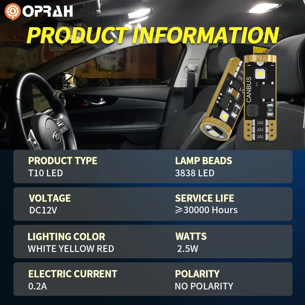 Oprah 2pcs LED T10 W5W Canbus Car Lights No Error Interior L