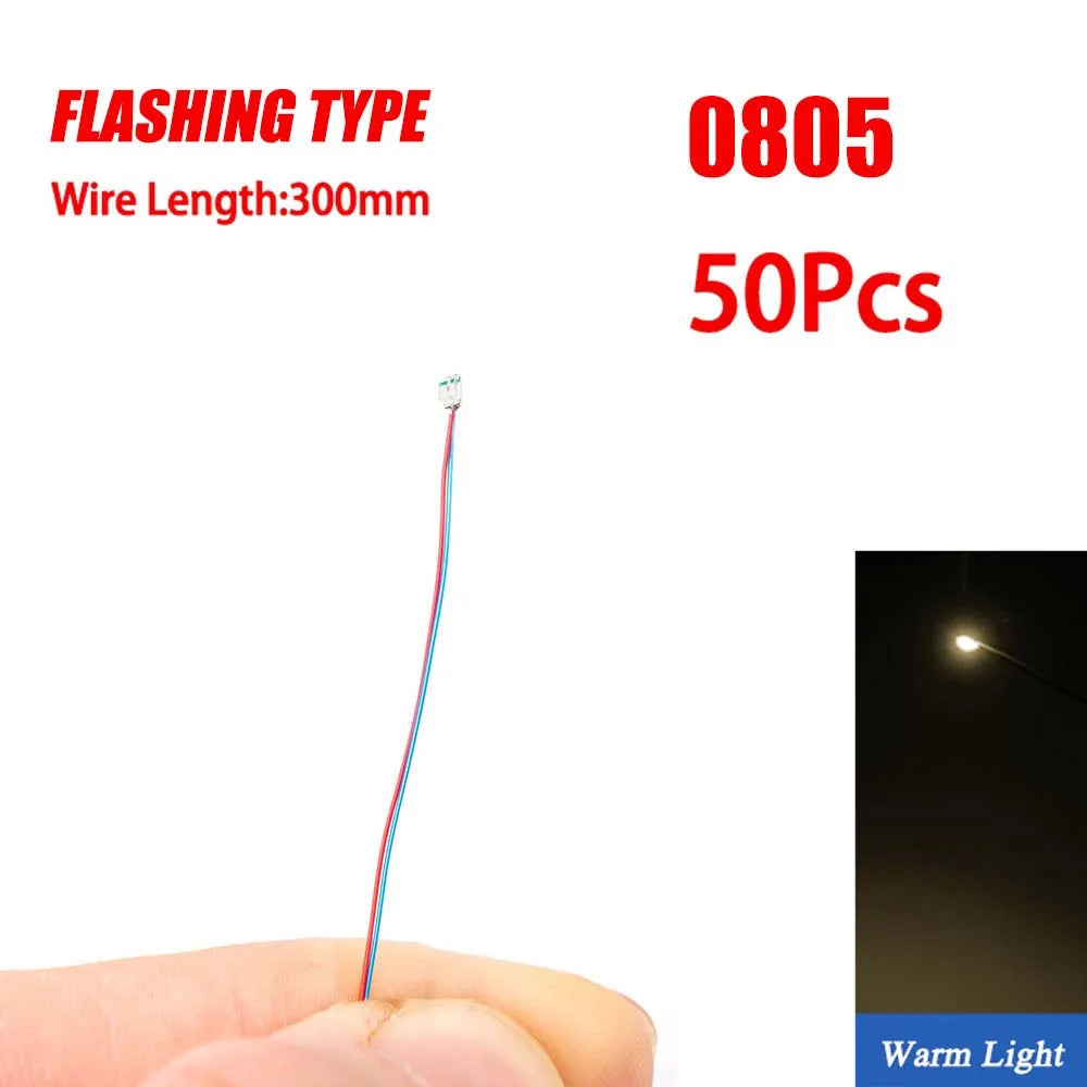 50pcs 0805 FLASHING LED SMD Lamp Wired Micro Litz Led Pre-Soldered Chip Wired 3V Railway Model Toy Light DIY Leads Wires 30cm