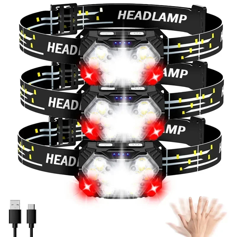 New Super Bright 9 LED Headlamp USB C Rechargeable Headlight 10 Modes Waterproof Motion Sensor Head Lamp Working Flashlight
