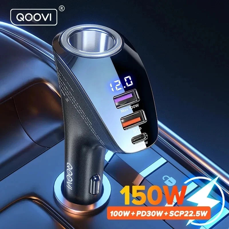 QOOVI 150W 4-Ports Car Charger USB Type C Super Fast Chargin
