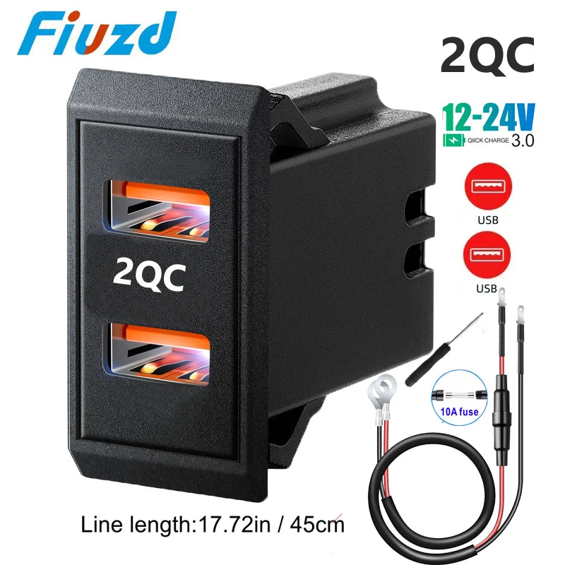 Car Charger Socket PD3.0 & QC3.0 Double USB C Ports Waterproof with LED 54W Fast Charging 12V/24V For Moto Adapter