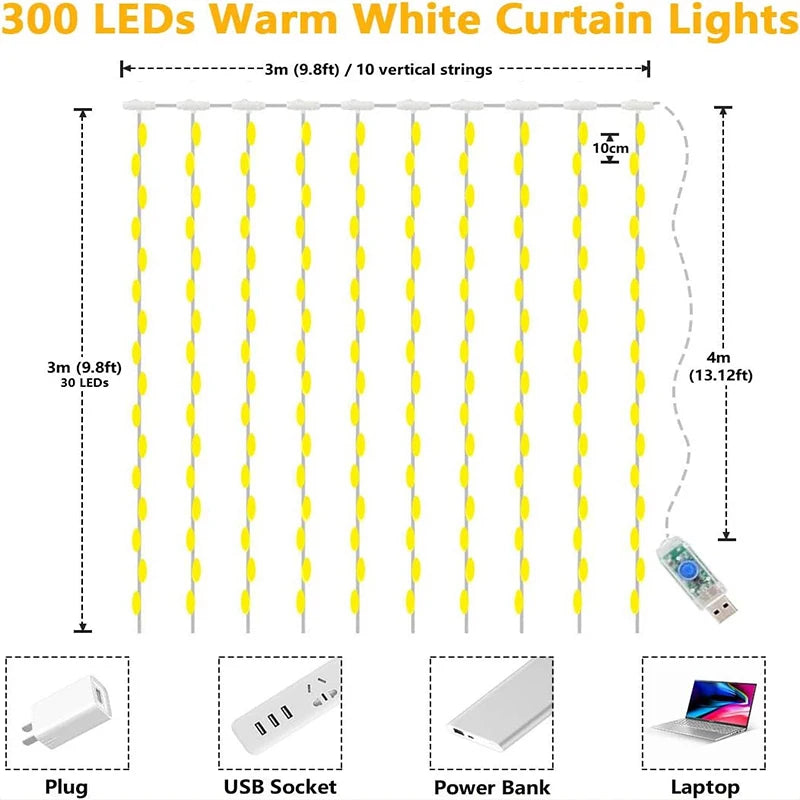 3M LED Lights String Fairy Decoration USB Holiday Curtain Ga
