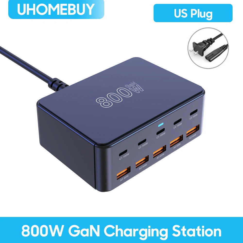 800W USB C GaN Charger 100W PD3.0 PPS QC3.0 Multiport Fast Charging Station for iPhone 15 16 Samsung Macbook Pro Laptops Tablets
