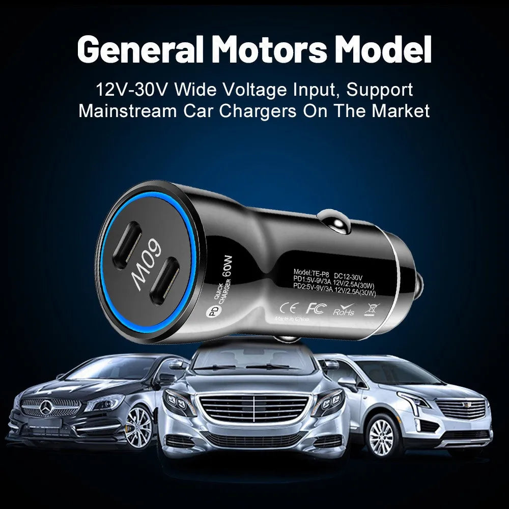 MZX 60W Smart Car Charger PD Type C Quick Dual USB A Fast Ch