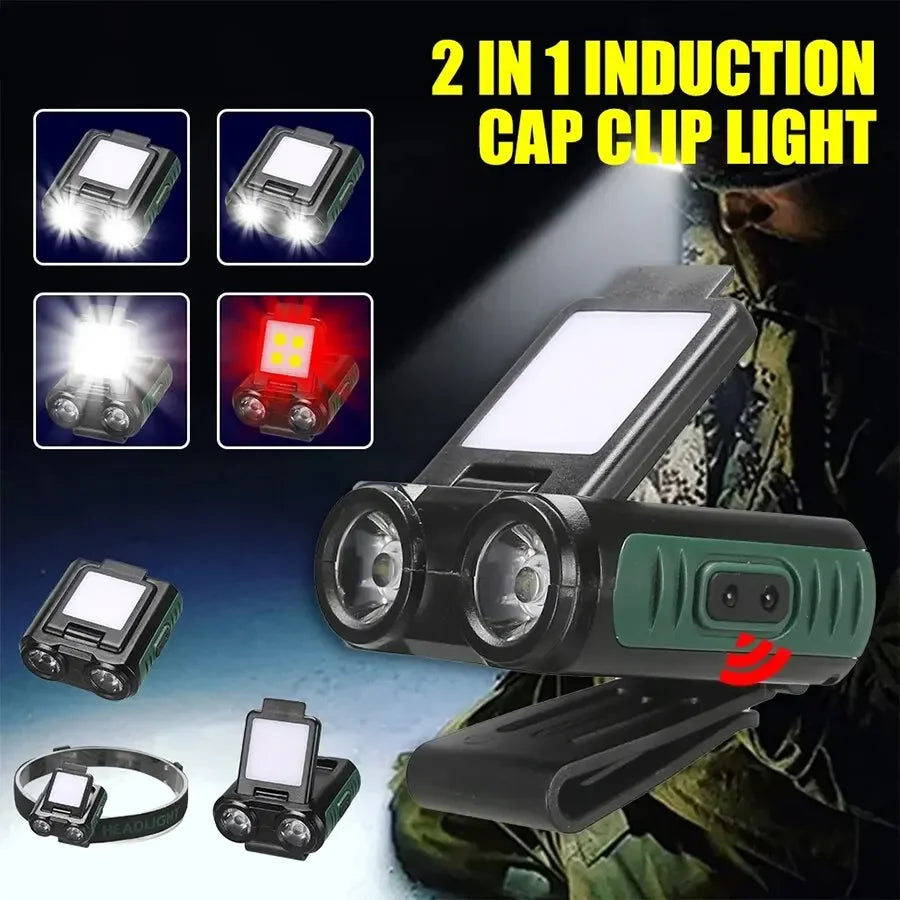 Sensor COB LED Headlamp Cap Clip Light USB Rechargeable Head