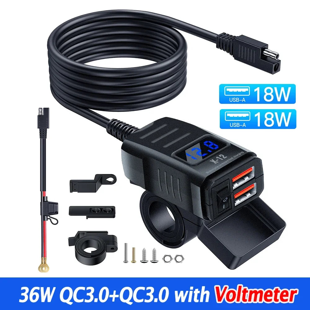Handlebar Motorcycle Charger Socket PD+QC3.0 Fast Charging Power Adapter USB Type C Dual Port Waterproof With Switch Voltmeter