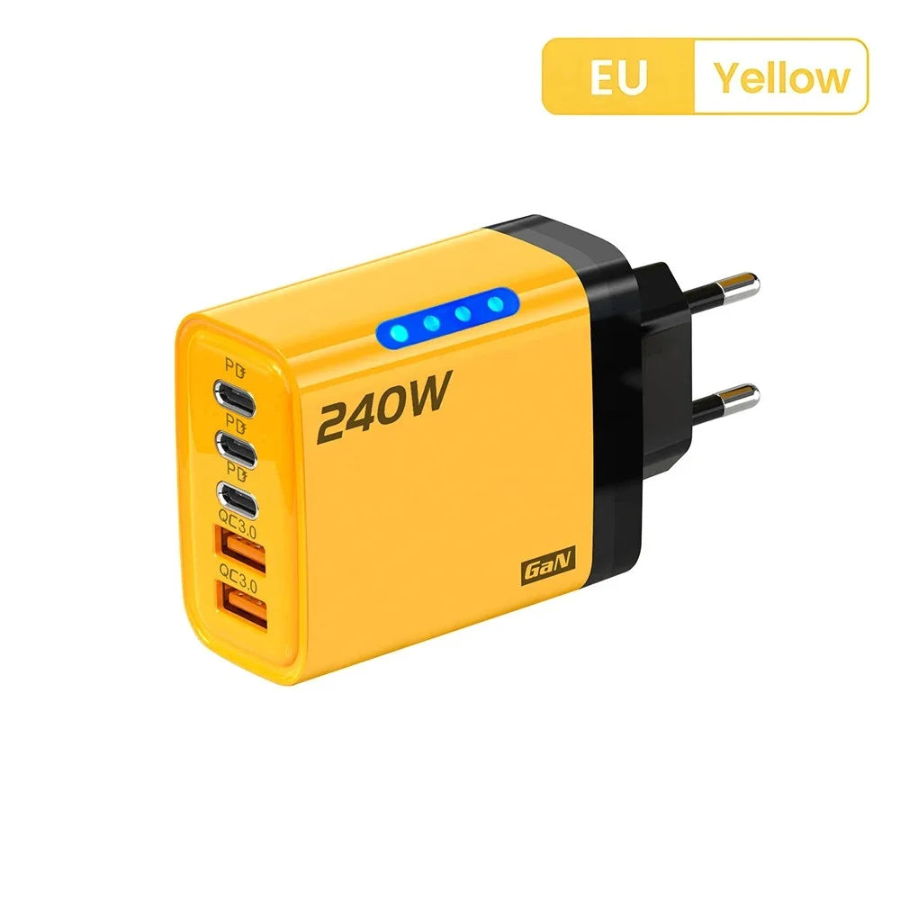 240W 5in1 GaN Fast Charger Multi Ports Phone Charging Head With LED Light 2USB+3Type-C Wall Adapter For IPhone 16 15 pro Laptop