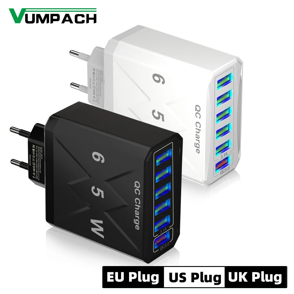 6 Ports USB Charger Fast Charging QC3.0 Travel Charger For I