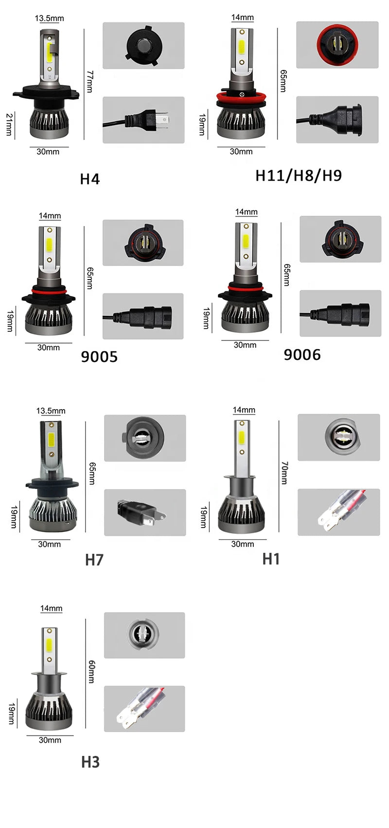 2PCS/pair Mini Lights Auto H7 LED H4 Bulb H3 H8 H9 H11 9005 
