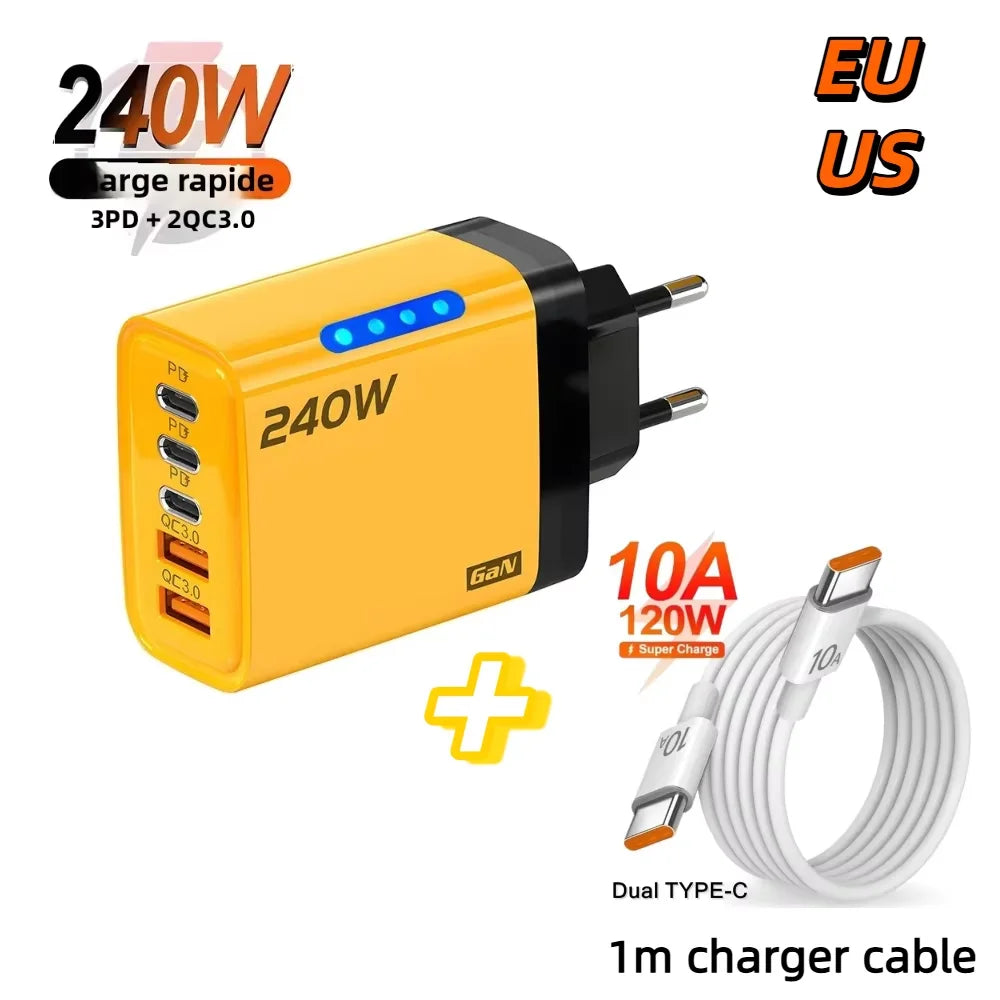 240W USB C GaN Fast Charger With LED Light Type C Multi Port