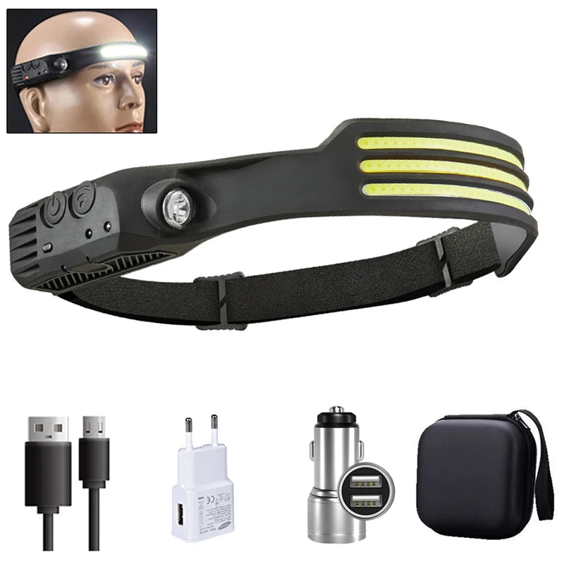 COB LED Headlamp Induction Head Lamp Built-in Battery USB Rechargeable Head Flashlight Outdoor Camping Fishing Sensor Headlight