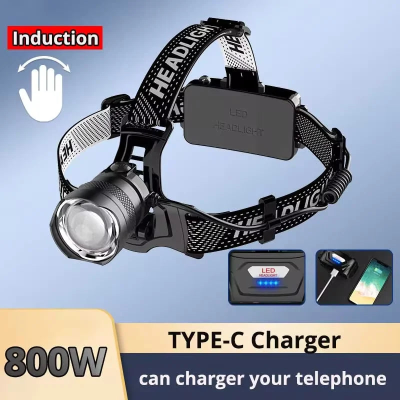 2024 Newest Powerful LED Headlamp 800W LED IR Sensor Rechargeable Headlight 3500M Super Bright Head Flashlight Fishing Lantern
