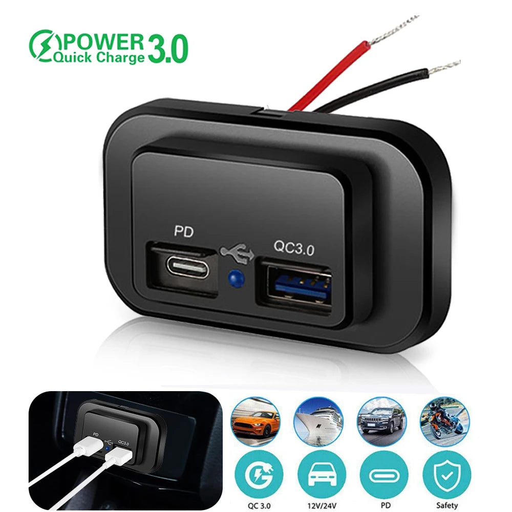PD QC3.0 Car Charger Socket Quick Charge 12V/24V For Motorcy