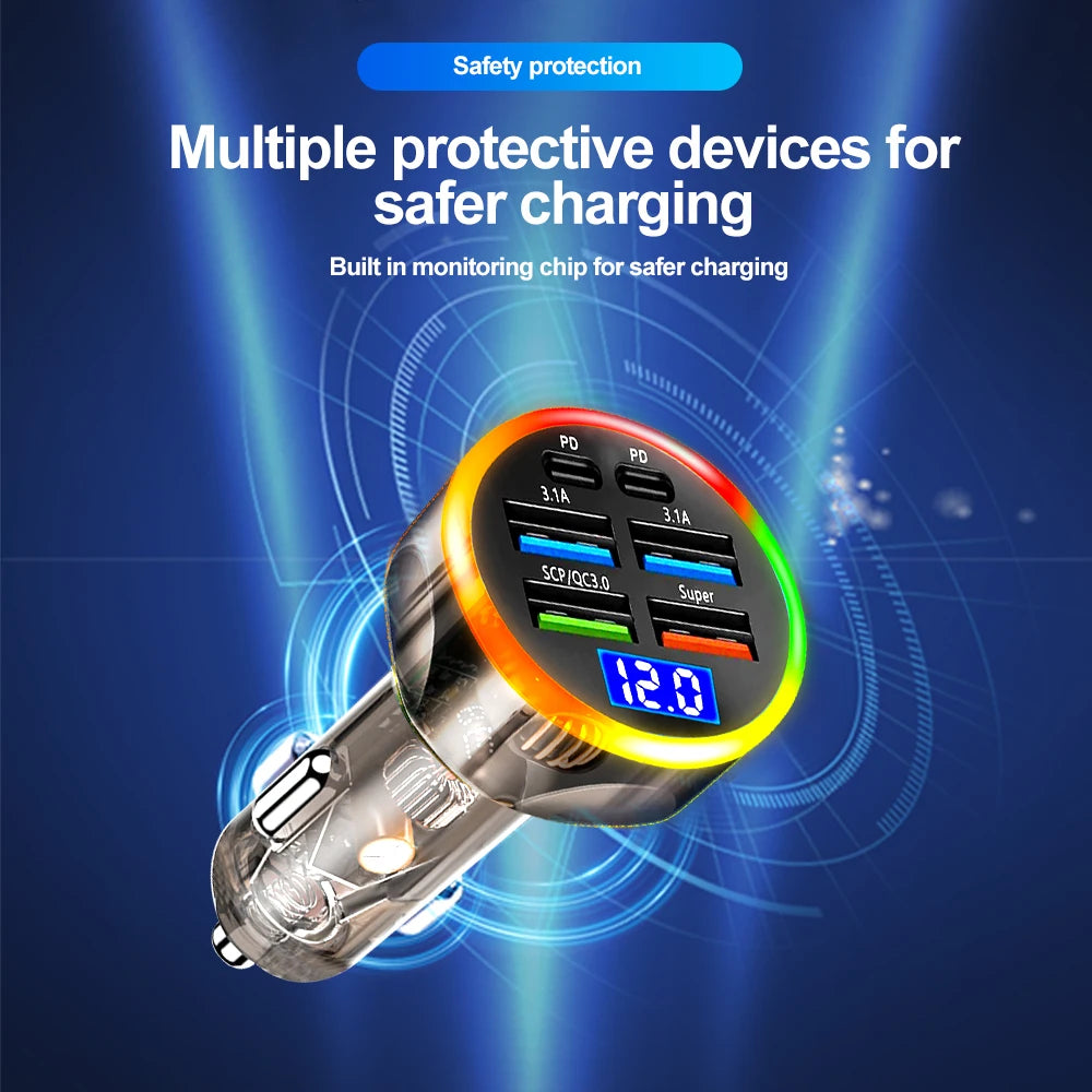 250W Fast Car Charger 6 Ports Quick Charge PD Type C USB A A