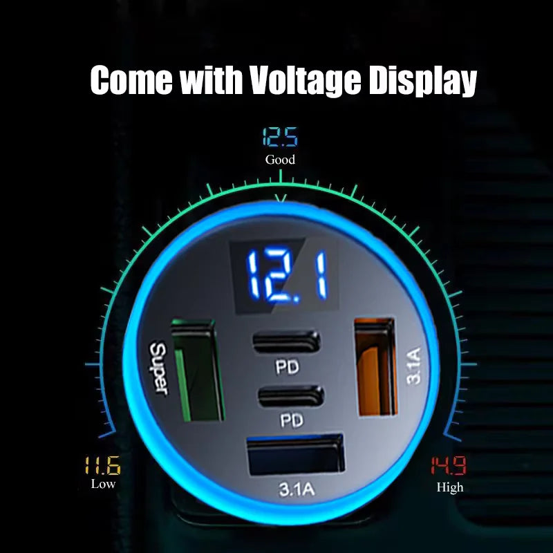 5 in 1 USB Car Phone Charger Adapter with Voltage Display Du