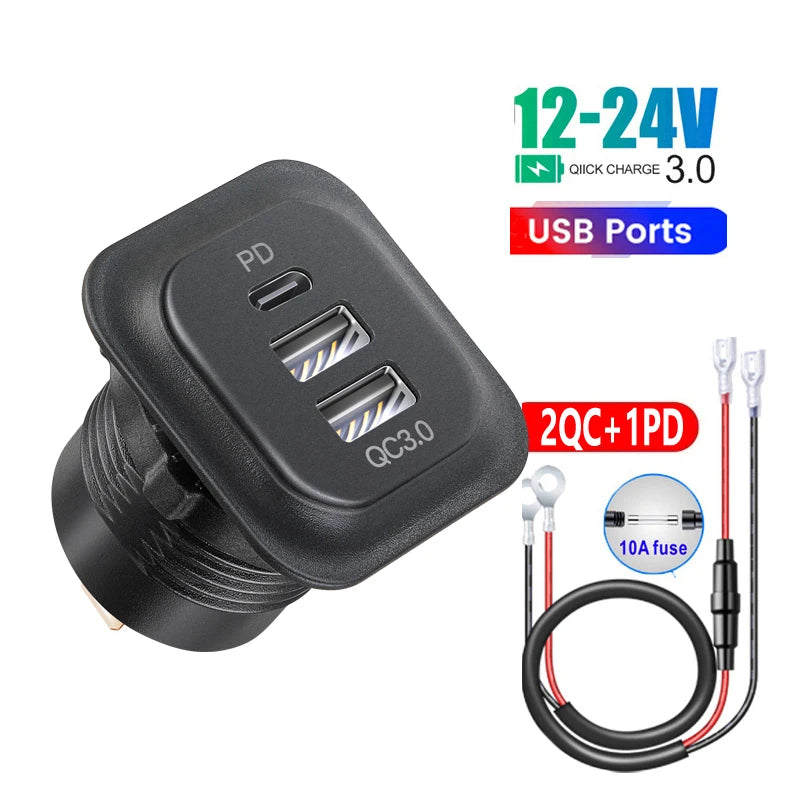 12v car usb charger fast charge Outlet Socket With Voltmeter Quick Charge Adapter for 12v 24v Truck Motorcycle RV Marine