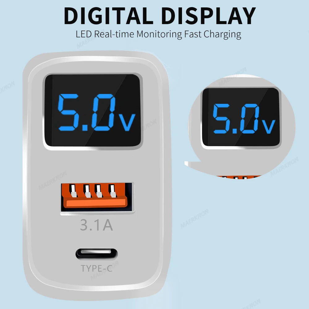 20W USB Type C Charger PD Fast Charging Digital Display Phon