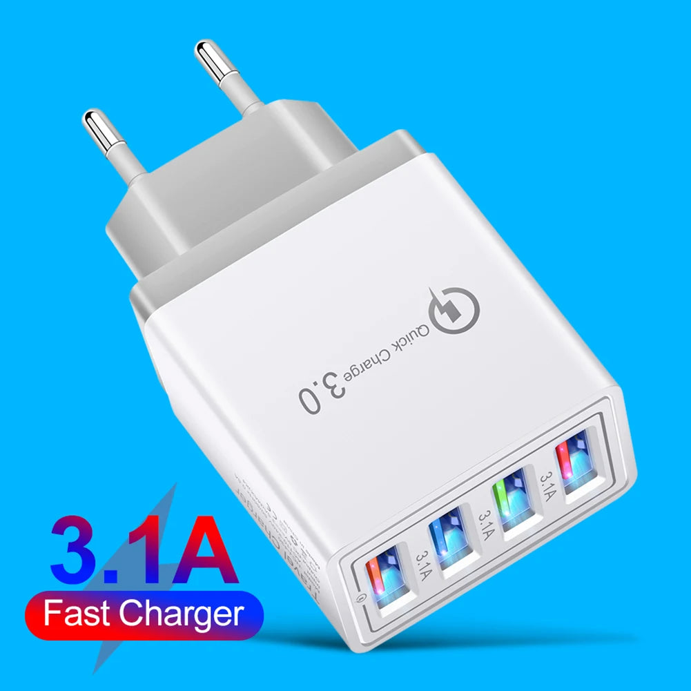 QC 3.0 Quick Charger 5V 3A USB Charger Fast Charging Charge 4 Ports LED Light Phone Charge Adapter EU Plug Charger Accessories