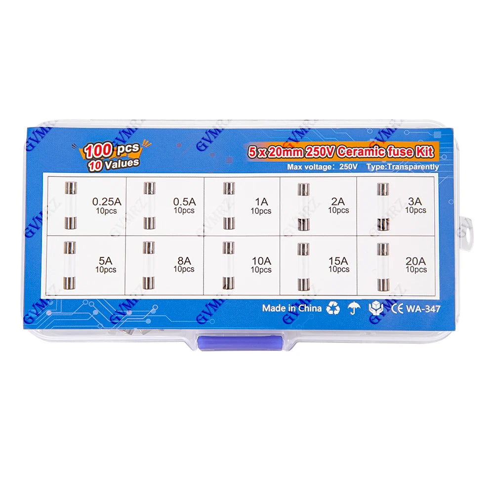 100pcs 5x20mm Quick Blow Glass Tube Fuse Assorted Kit Amp 0.