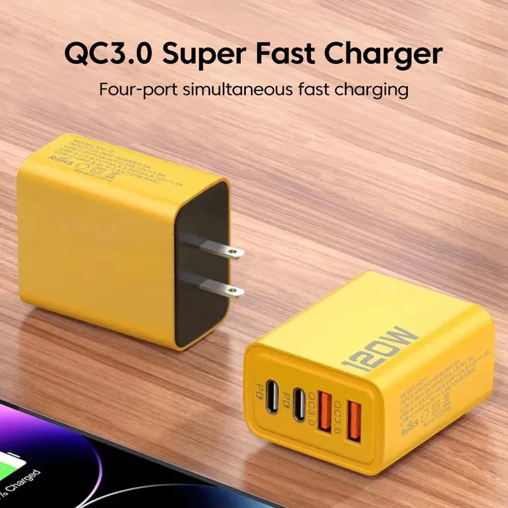120W Fast Charging USB Charger 4 Port USB Type C Mobile Phon