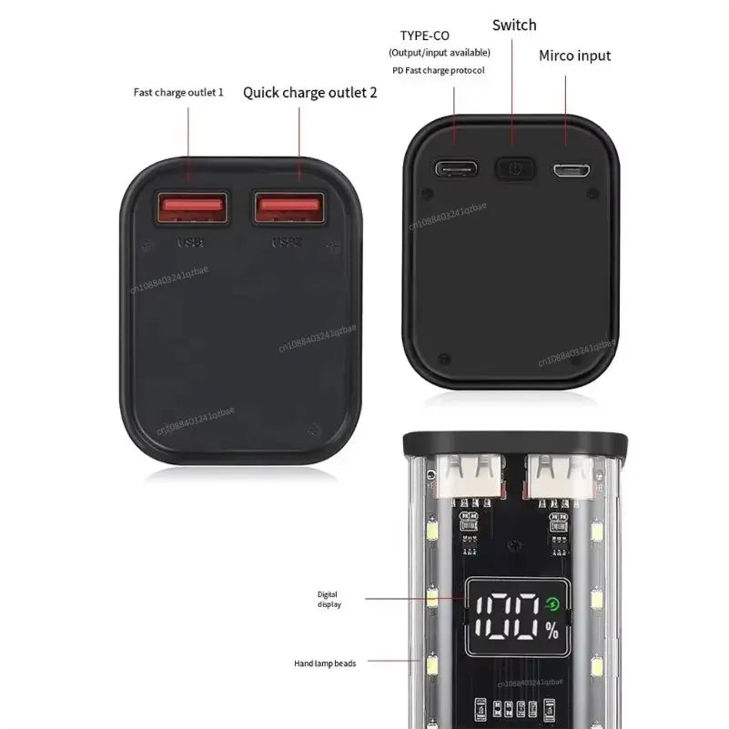Transparent Shell 18650 Power Bank Case 22.5W Fast Charging 