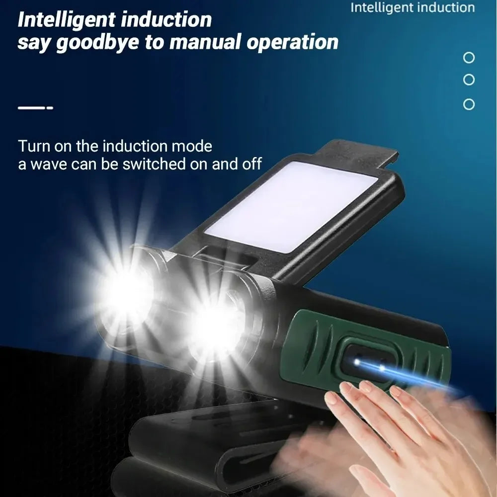 Sensor COB LED Headlamp Cap Clip Light USB Rechargeable Head