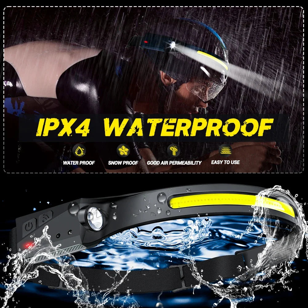 COB LED Headlamp Sensor Headlight with Built-in Battery Flas