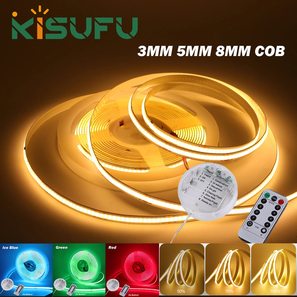 Dimmable 5V COB LED Strip Light 8 Modes 3AA Battery Box With