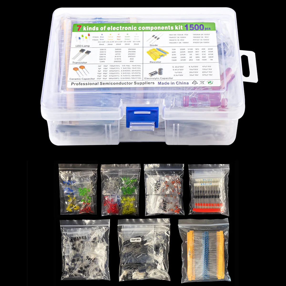 1500pcs Electronics Component Assortment Kit Capacitors Led 