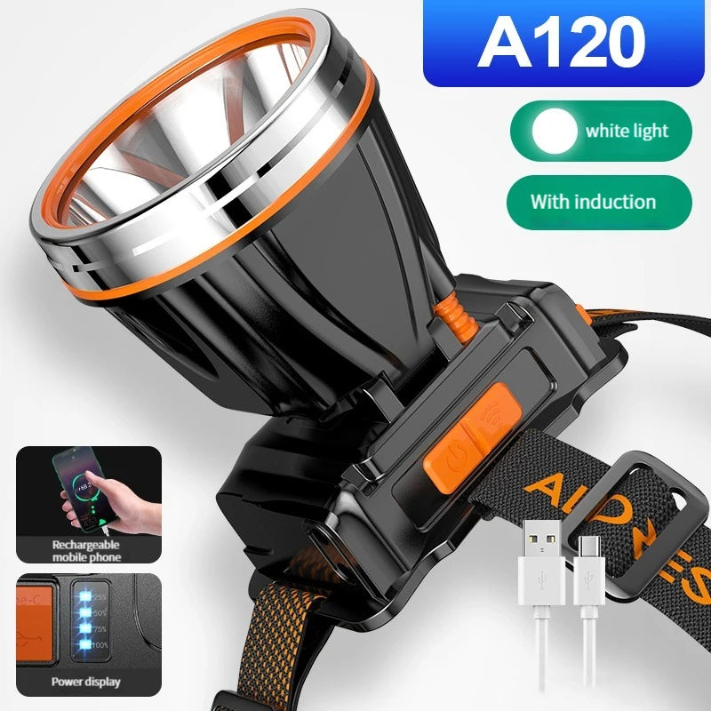 New Powerful LED Headlamp Type-C Rechargeable Headlight Fishing Outdoor Camping Head Lamp Built in 4000mAh Li-Battery Flashlight