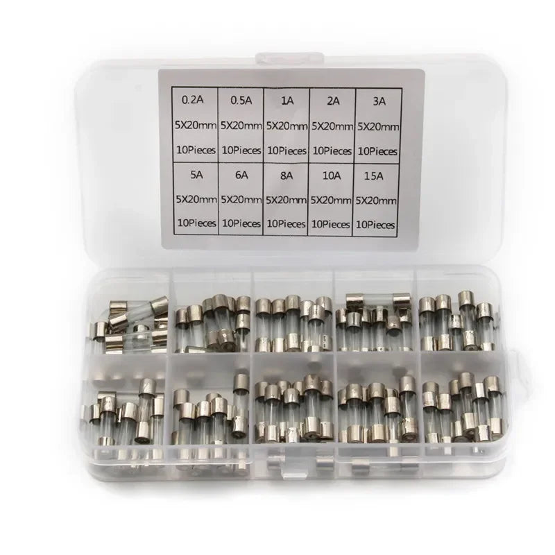100pcs 5x20mm Glass Fuse Assortment Kit 0.25A to 20A Fast-Ac