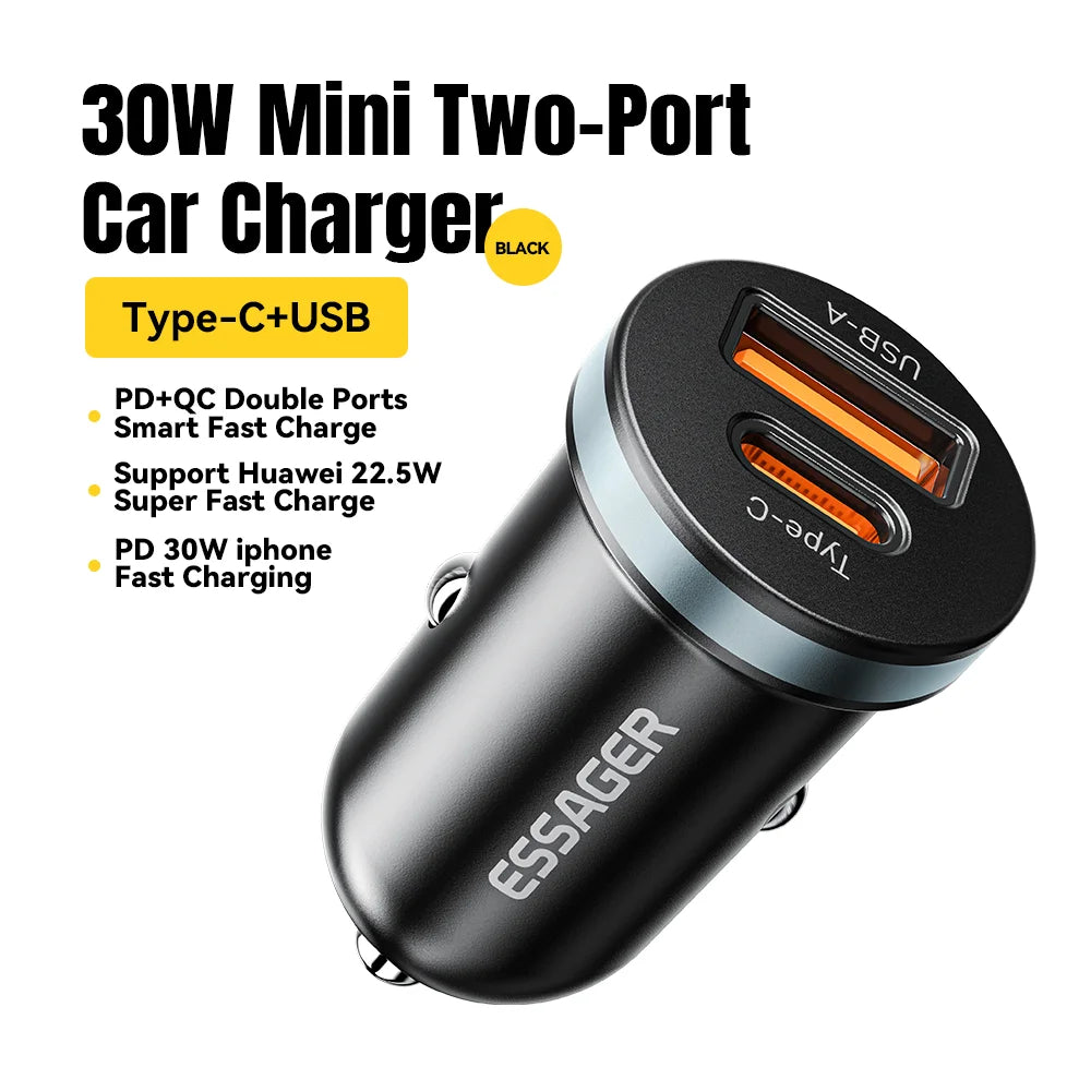 Essager 30W USB C Car Charger Type C Quick Charger PD QC 3.0 SCP 5A Fast Charging Car Phone Charge For iPhone Xiaomi Samsung
