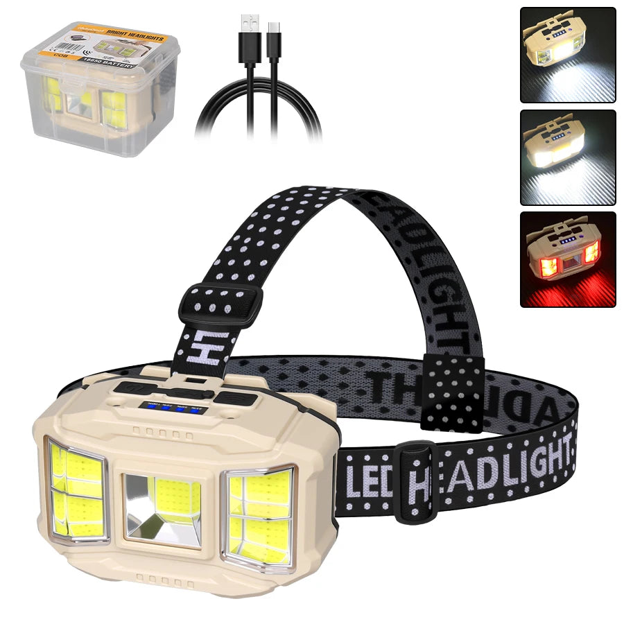 Powerful LED Induction Headlamp Type-C Charge 4 Lighting Modes Head Flashlight Waterproof Camping Fishing Mining Headlight