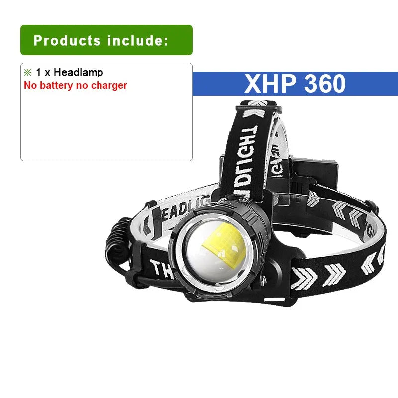 2026 New XHP360 Powerful Headlight Ultra Bright 5000M Led Headlamp Rechargeable Head Flashlight Camping Fishing Headlight 18650
