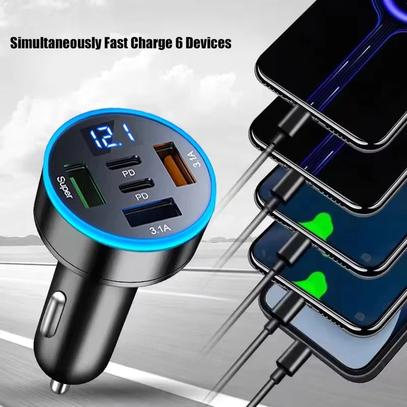 250W 5-in-1 PD QC3.0 Car Charger Fast Charging USB C for IPh