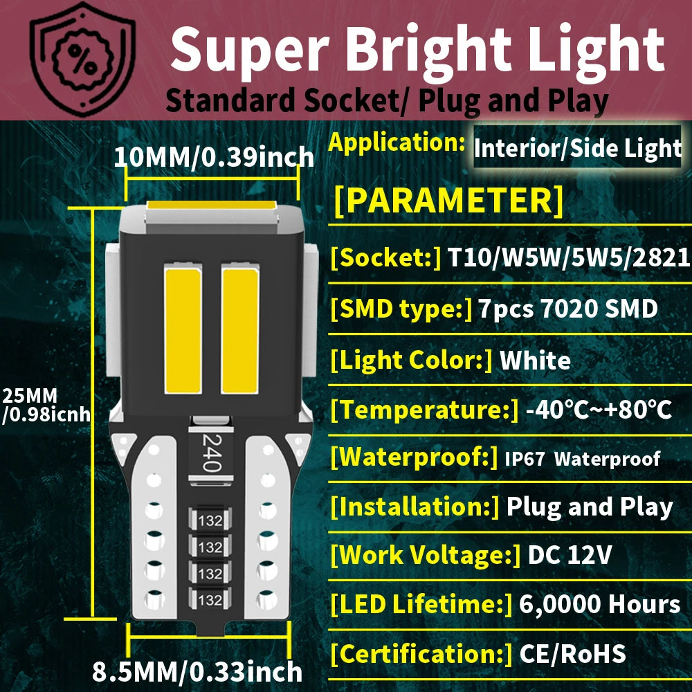 2pcs High Quality Super Bright T10 W5W Car Interior Reading 