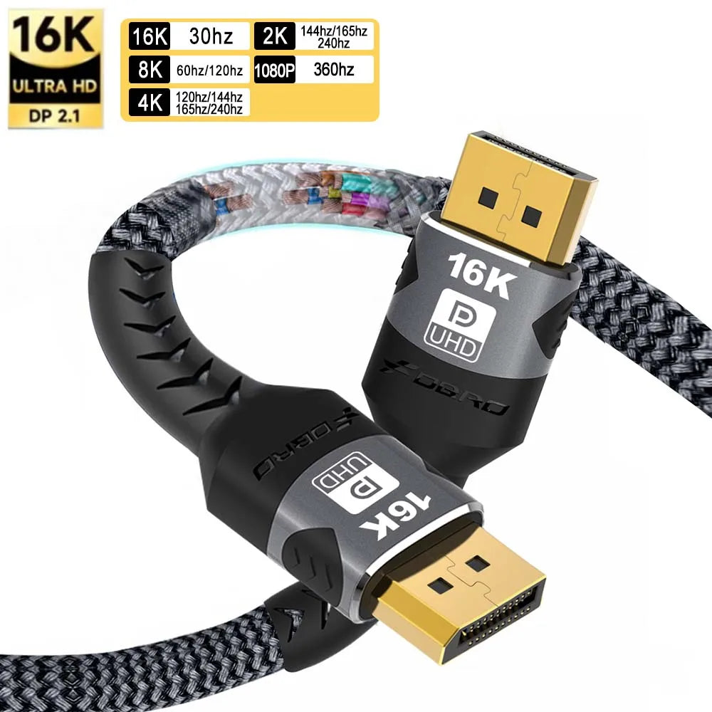 16K DP 2.1 8K 120Hz 4K 240Hz 80Gbps HDR Video Audio Displayport Cable Display Port for Laptop TV Xbox Projector Gaming Monitor