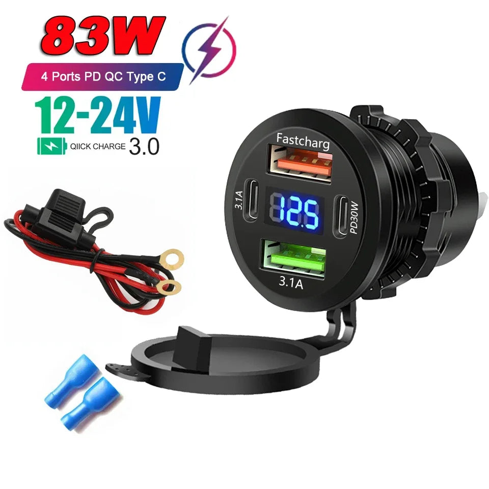Car Charger PD+QC3.0 USB TYPE-C Charger Waterproof Power Socket Power Adapter Universal 12-24V for Motorcycle Truck ATV Boat