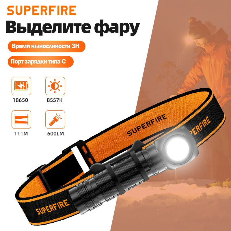 New SUPERFIRE HS60 LED Headlamp Rechargeable 90 Headlight 18