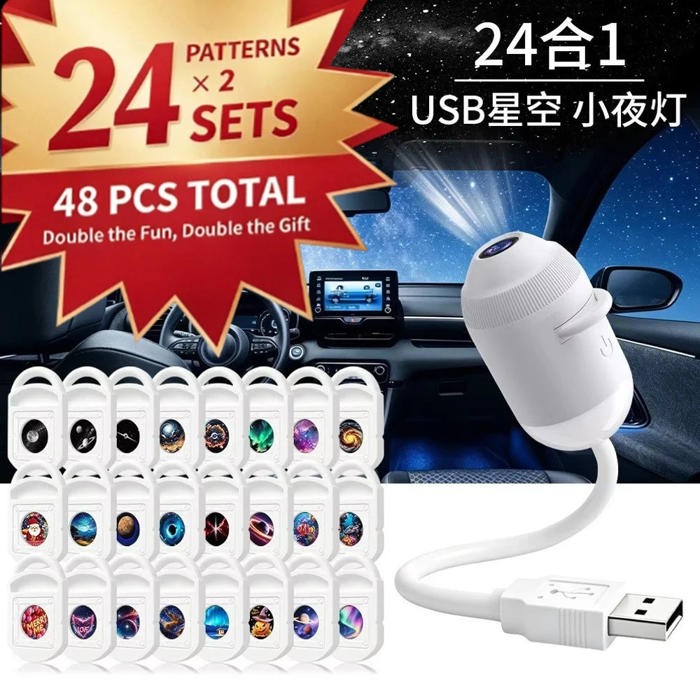 2 in 1 Rotatable Galaxy Starry Sky Sunset Projector Lamp Wiring Free Portable Car Home Atmosphere Light Adults Gift