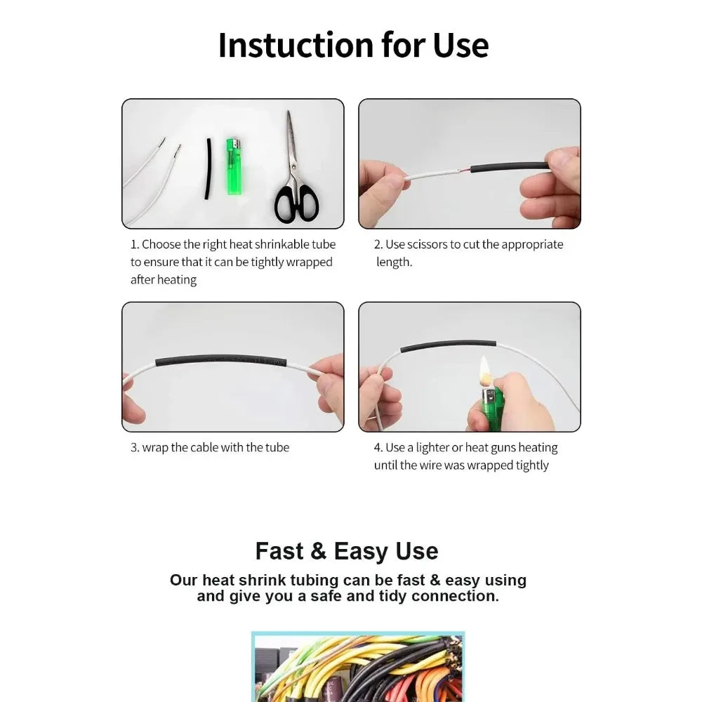 Black Heat Shrink Tubing Kit for Wire Cable Repair Polyolefi