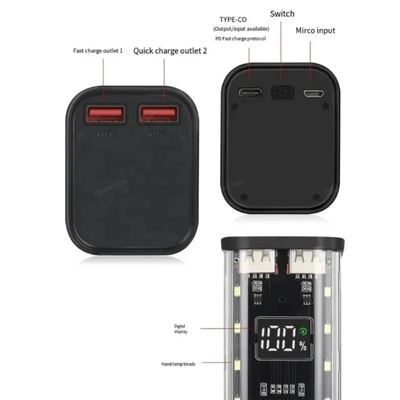 Transparent Shell 8 18650 Power Bank Case 22.5W Fast Chargin