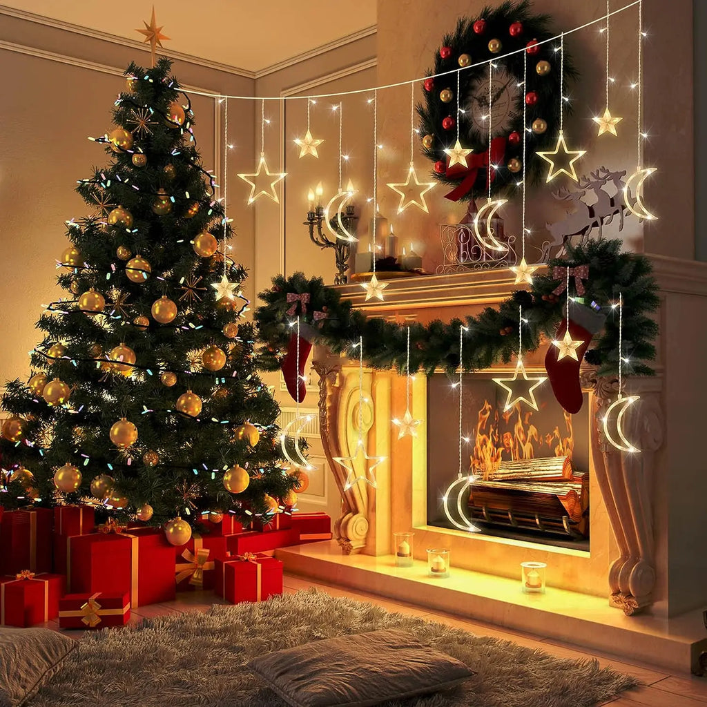 Star Moon String Light Battery Power Christmas Garland Fairy