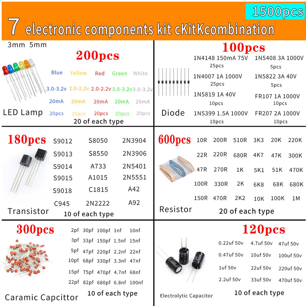 1500pcs Electronics Component Assortment Kit Capacitors Led 