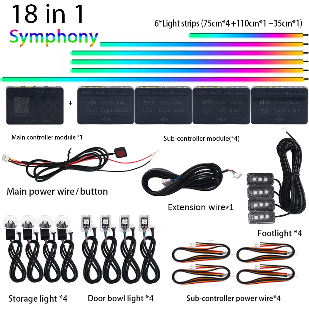 18/22 In 1 Dual Zone Symphony LED Car Ambient Light Rainbow Neon RGB Acrylic Strip Interior Decorations Streamer Atmosphere Lamp