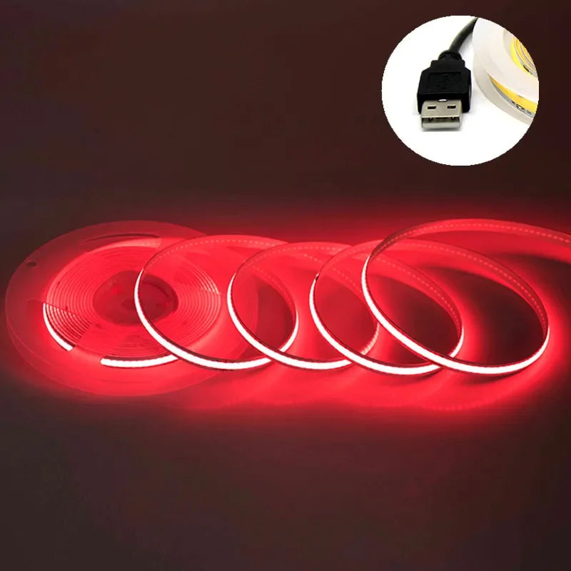 5V USB COB Lamp Strip 320LEDs/M White/Red/Pink/Ice Blue/Yellow Cabinet Light Lamp TV Backlight Flexible Ribbon Rope LED Strip