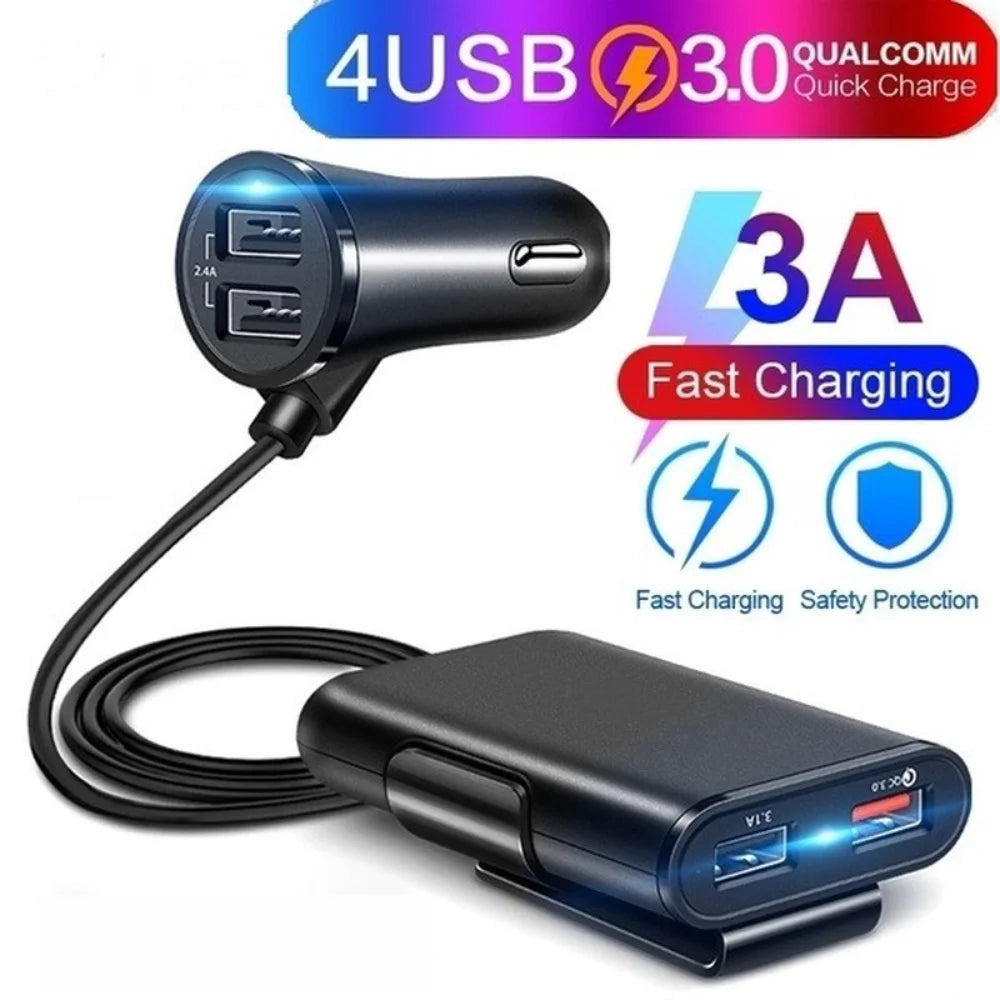 Universal 4 Ports USB Car Charger Front Seat Back Seat QC3.0