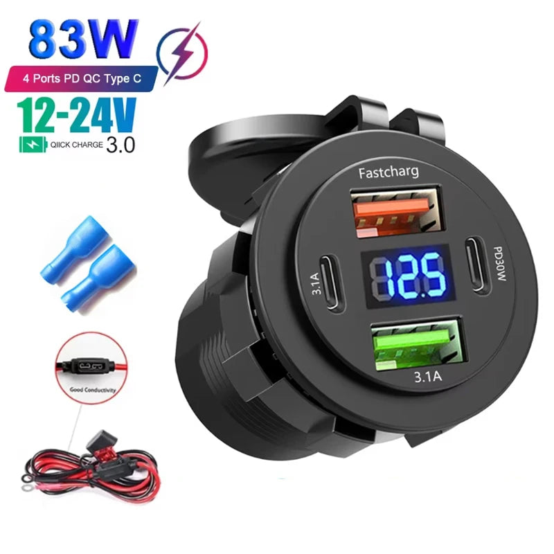 New Car USB Charger PD3.0 & QC3.0 Fast Charging Socket with Voltmeter On/Off Switch 12/24V For Motorcycle Boat Auto Accessories
